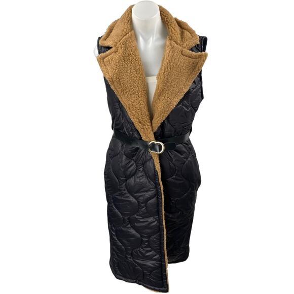 New Collection Women's Black Quilted Belted Puffer Teddy Coat Vest Jacket Size S - Picture 1 of 5